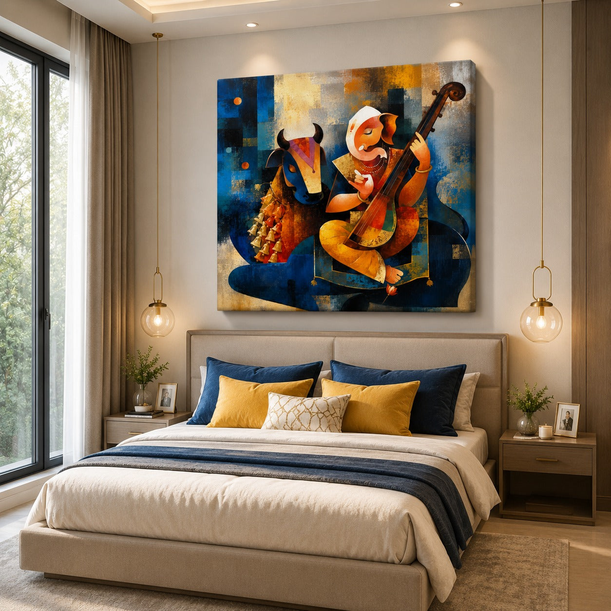 Lord Ganesha with Cow Canvas Wall Painting | Premium Spiritual Canvas Art for Living Room, Office & Home Temple | Decor Daddy