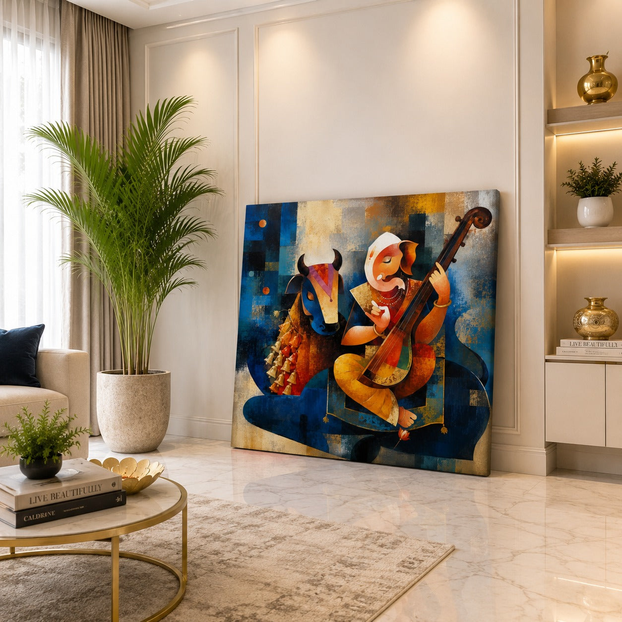 Lord Ganesha with Cow Canvas Wall Painting | Premium Spiritual Canvas Art for Living Room, Office & Home Temple | Decor Daddy