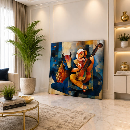 Lord Ganesha with Cow Canvas Wall Painting | Premium Spiritual Canvas Art for Living Room, Office & Home Temple | Decor Daddy