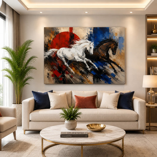 Running White & Black Horses Canvas Wall Painting | Modern Wall Art