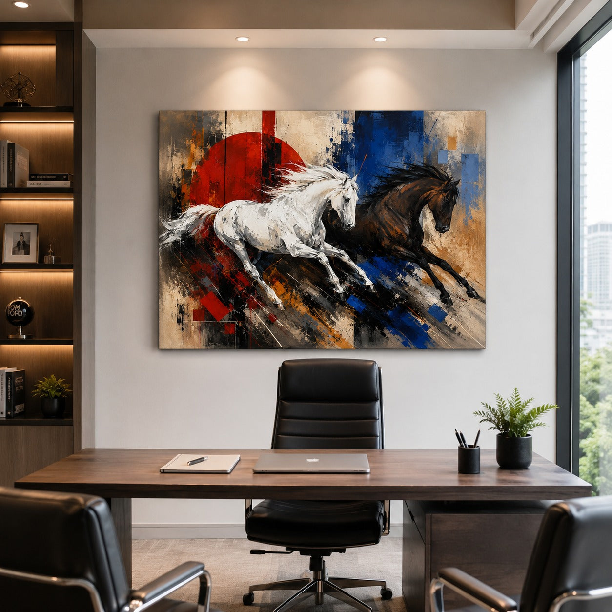 Running White & Black Horses Canvas Wall Painting | Modern Wall Art