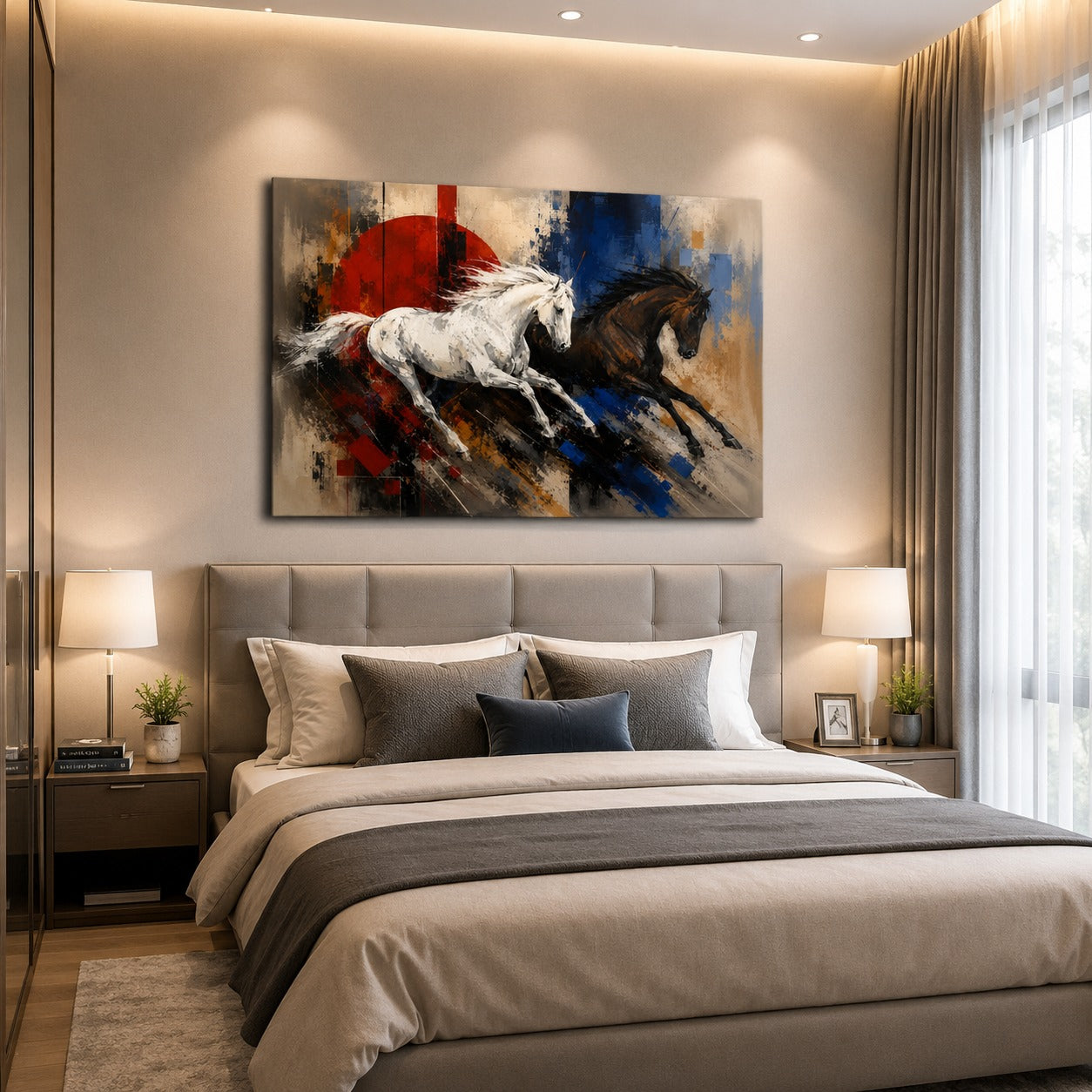 Running White & Black Horses Canvas Wall Painting | Modern Wall Art