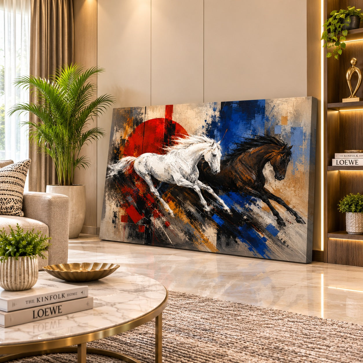 Running White & Black Horses Canvas Wall Painting | Modern Wall Art
