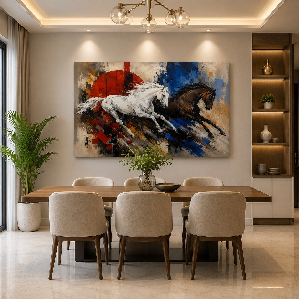 Running White & Black Horses Canvas Wall Painting | Modern Wall Art