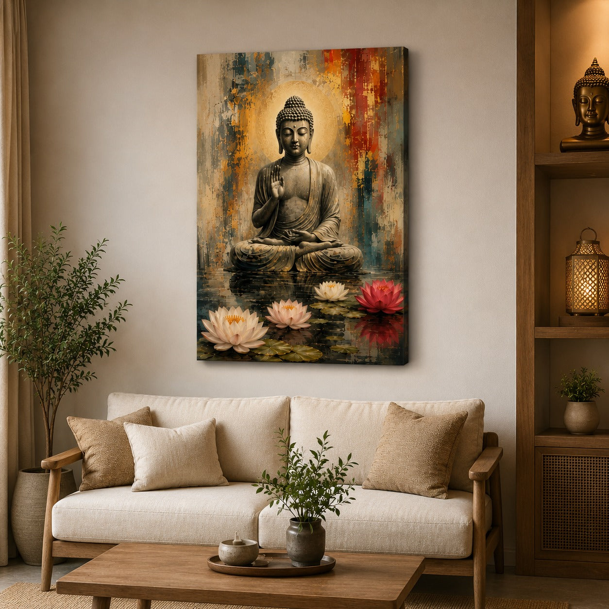 Serene Buddha Canvas Wall Painting with Lotus | Premium Wall Art