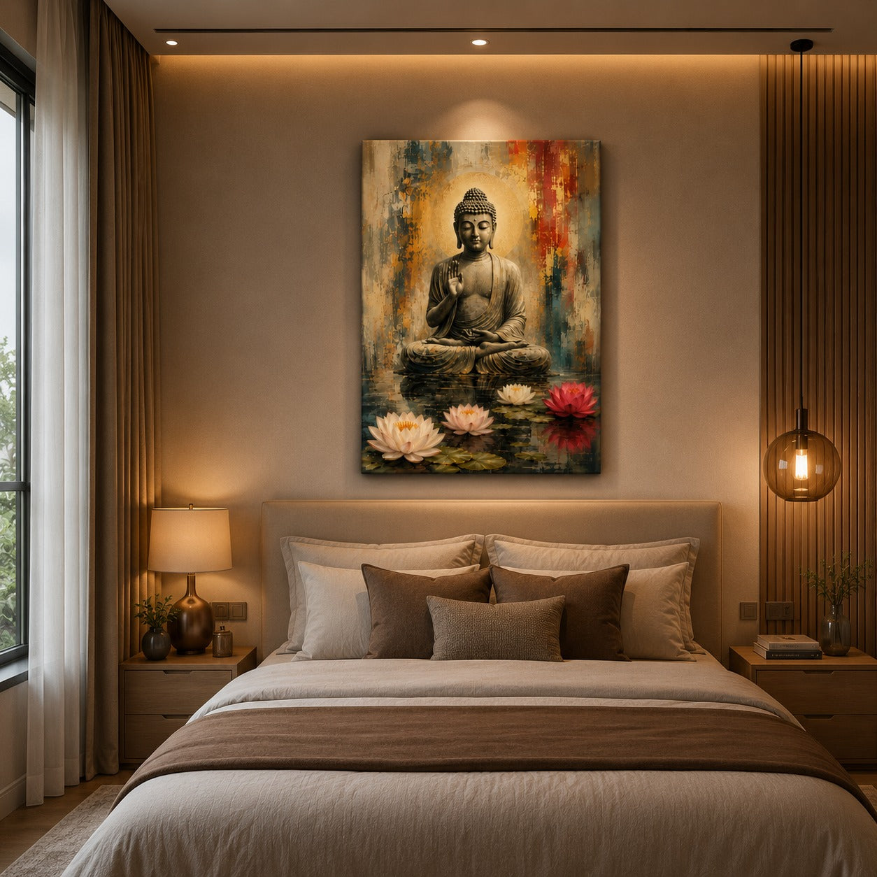 Serene Buddha Canvas Wall Painting with Lotus | Premium Wall Art