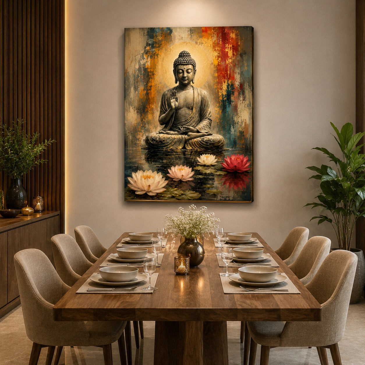 Serene Buddha Canvas Wall Painting with Lotus | Premium Wall Art