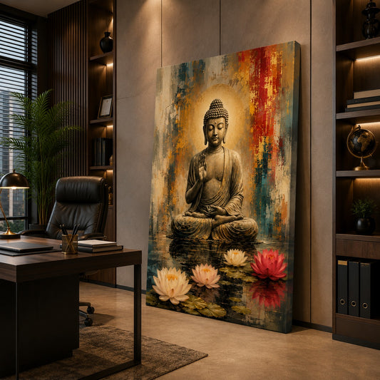 Serene Buddha Canvas Wall Painting with Lotus | Premium Wall Art