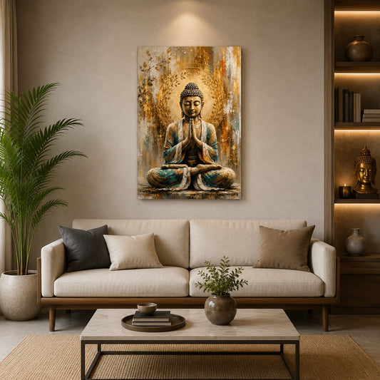 Golden Praying Buddha Canvas Wall Painting | Premium Spiritual Buddha Wall Art for Living Room, Bedroom & Meditation Room | Decor Daddy