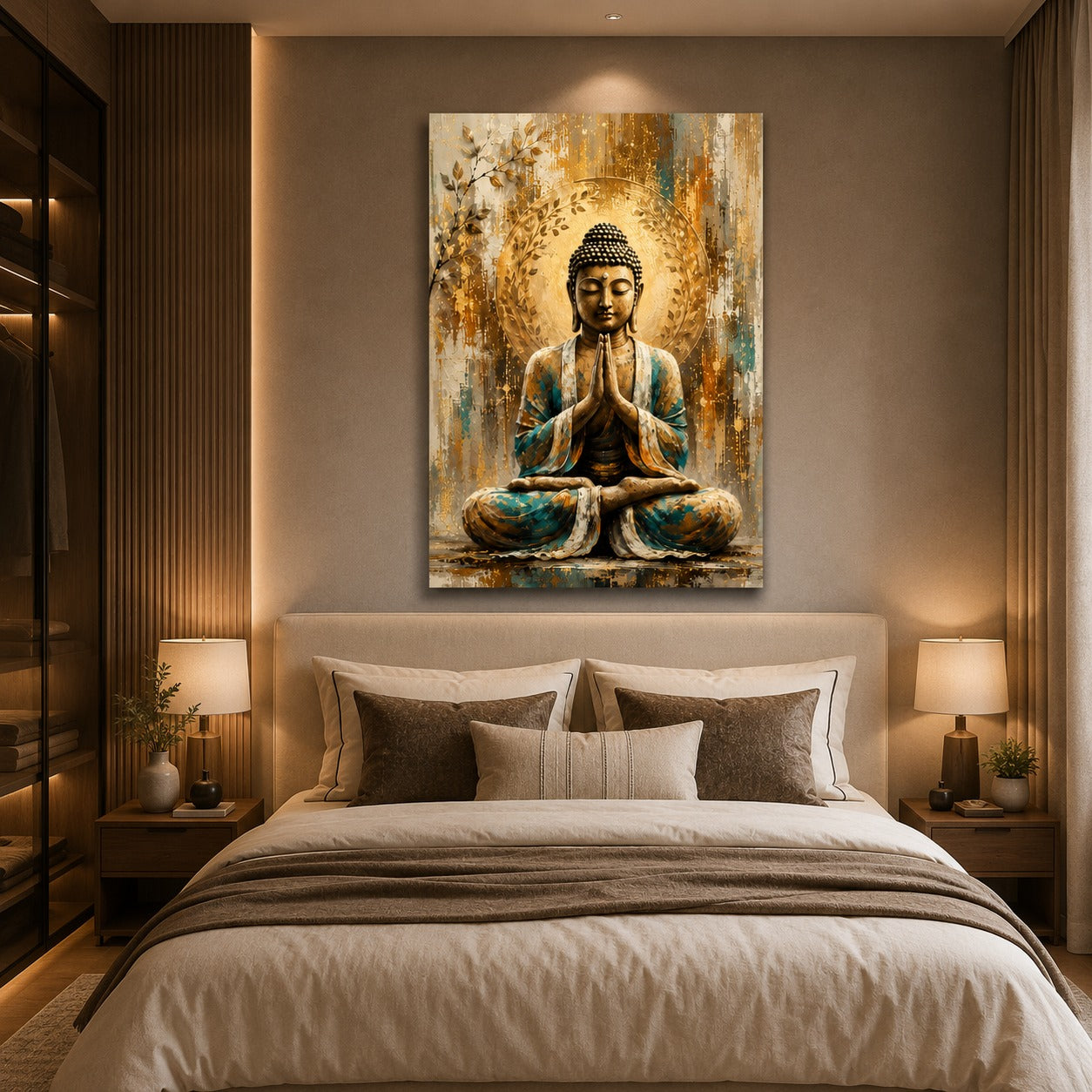 Golden Praying Buddha Canvas Wall Painting | Premium Spiritual Buddha Wall Art for Living Room, Bedroom & Meditation Room | Decor Daddy