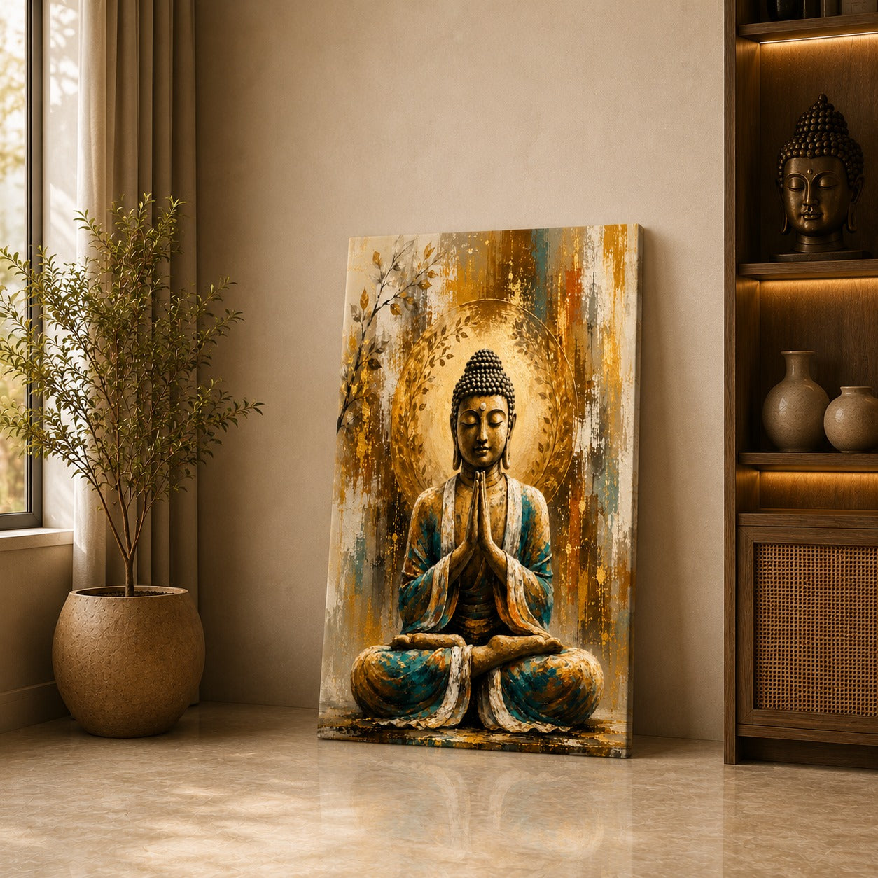 Golden Praying Buddha Canvas Wall Painting | Premium Spiritual Buddha Wall Art for Living Room, Bedroom & Meditation Room | Decor Daddy