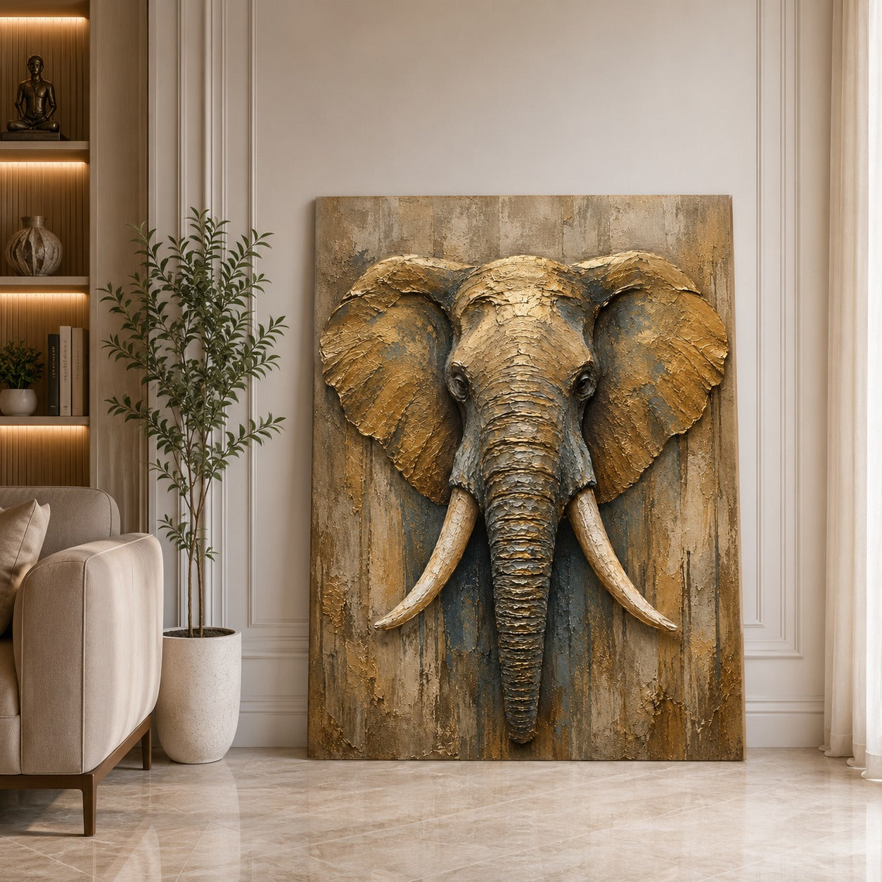 Luxury Golden Elephant Canvas Wall Painting | Modern Textured Elephant Wall Art for Living Room, Bedroom & Office | Premium Stretched Canvas by Decor Daddy