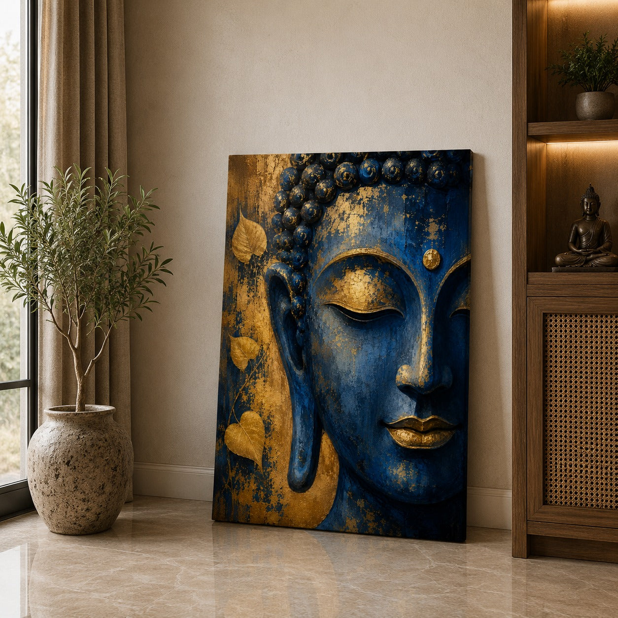 Blue & Gold Buddha Canvas Wall Painting | Premium Spiritual Wall Art for Living Room, Bedroom & Office | Ready to Hang | Decor Daddy