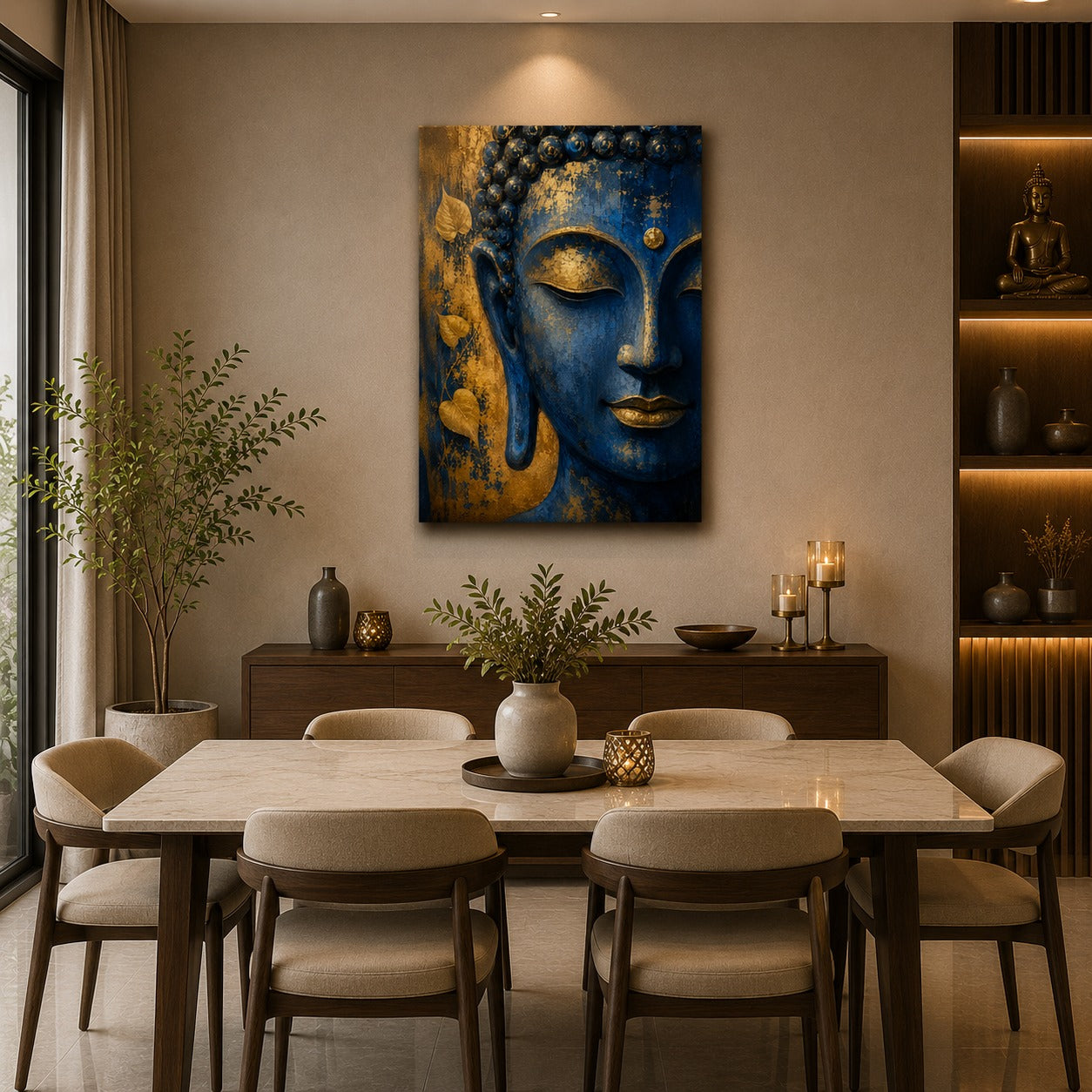 Blue & Gold Buddha Canvas Wall Painting | Premium Spiritual Wall Art for Living Room, Bedroom & Office | Ready to Hang | Decor Daddy