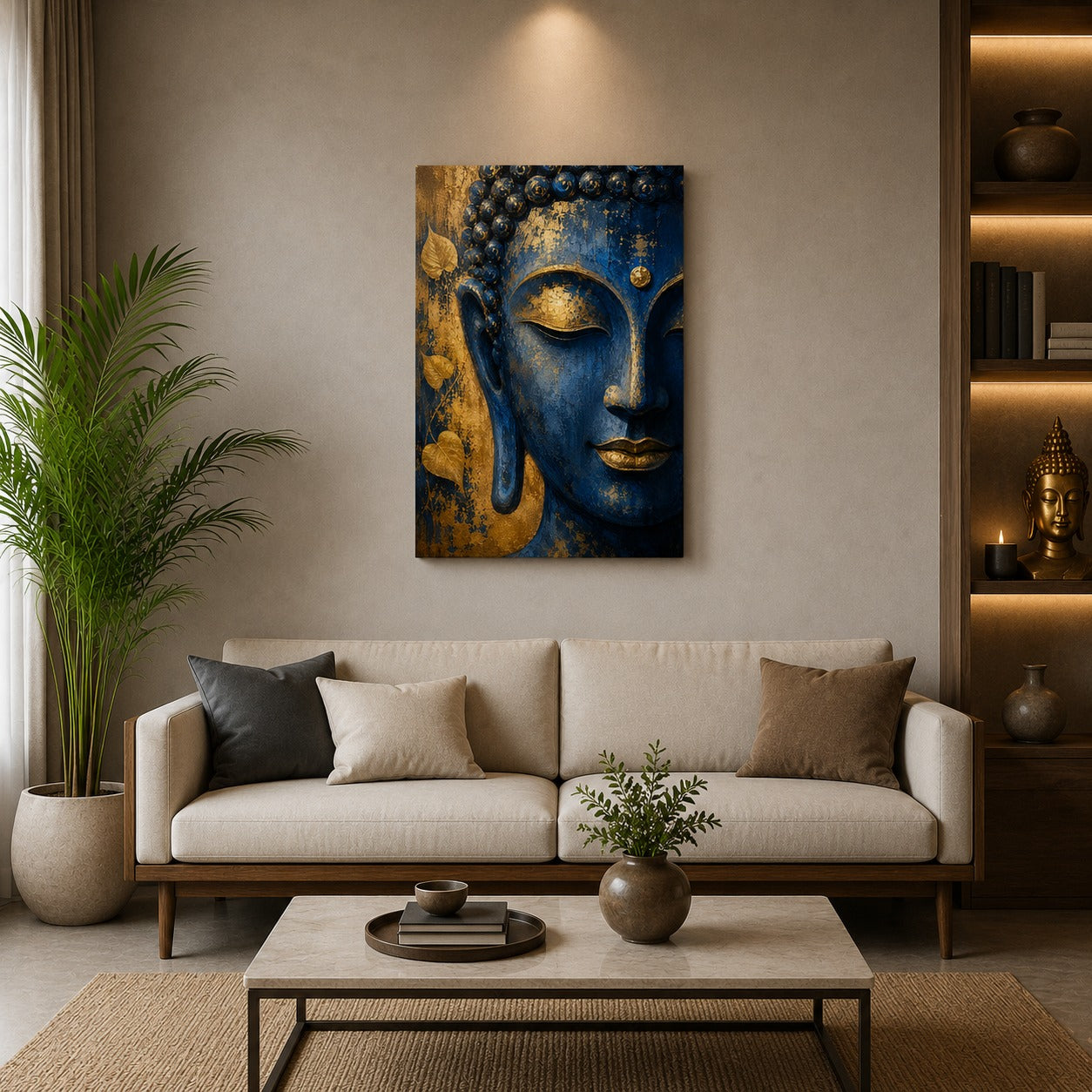 Blue & Gold Buddha Canvas Wall Painting | Premium Spiritual Wall Art for Living Room, Bedroom & Office | Ready to Hang | Decor Daddy
