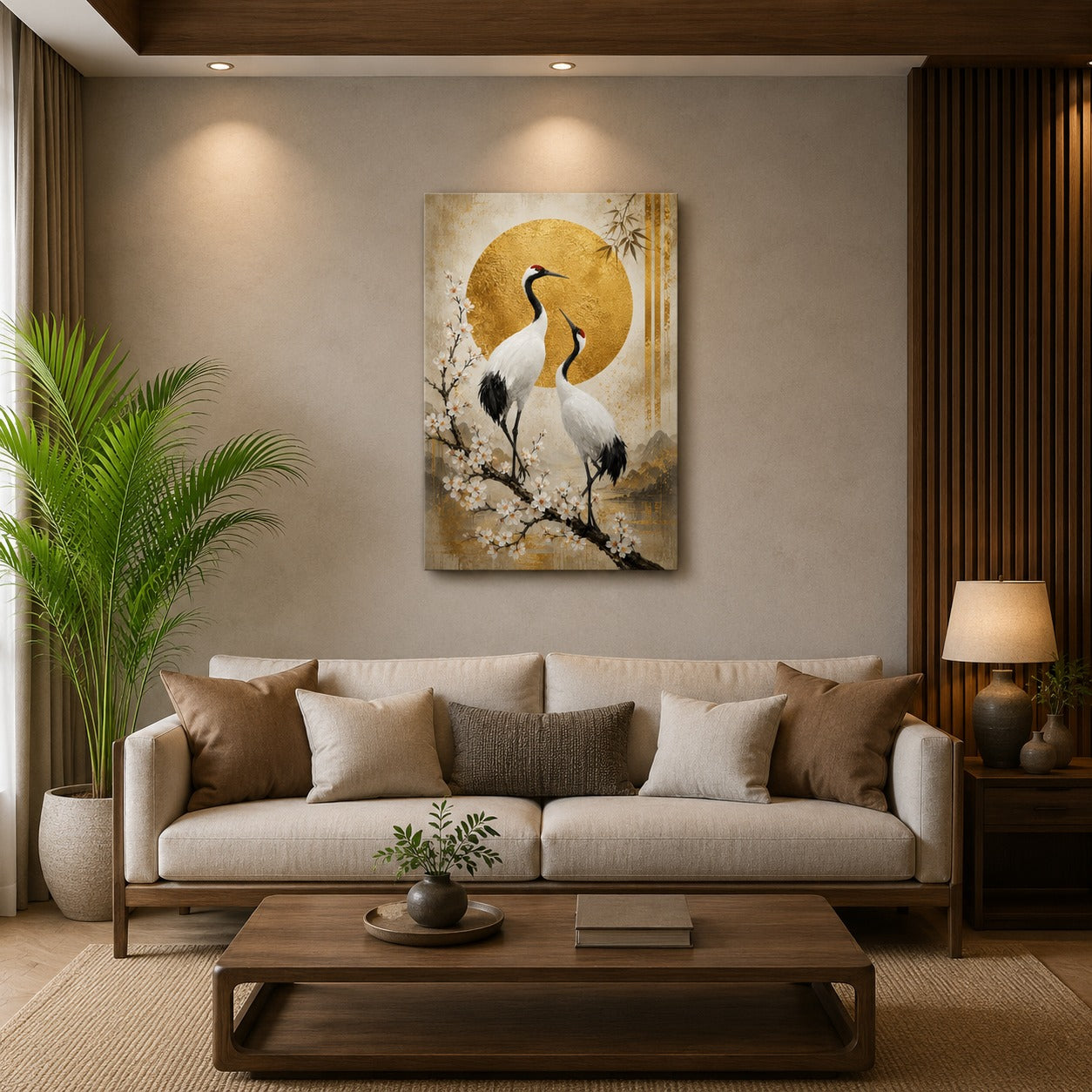 Japanese Crane Canvas Wall Painting | Gold Circle Nature Wall Art | Premium Canvas Print for Living Room, Bedroom & Office | Ready to Hang | Decor Daddy