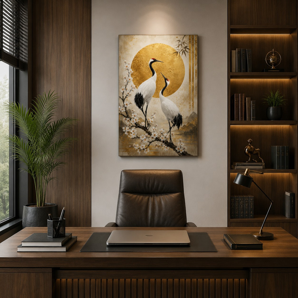 Japanese Crane Canvas Wall Painting | Gold Circle Nature Wall Art | Premium Canvas Print for Living Room, Bedroom & Office | Ready to Hang | Decor Daddy