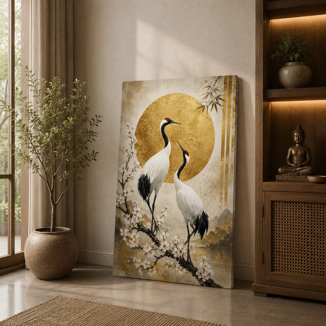Japanese Crane Canvas Wall Painting | Gold Circle Nature Wall Art | Premium Canvas Print for Living Room, Bedroom & Office | Ready to Hang | Decor Daddy