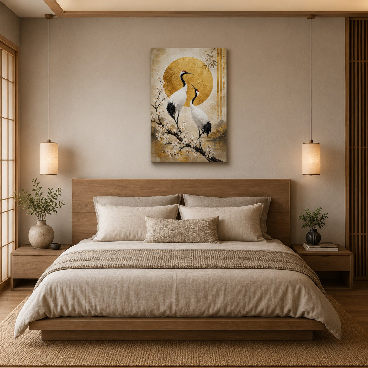 Japanese Crane Canvas Wall Painting | Gold Circle Nature Wall Art | Premium Canvas Print for Living Room, Bedroom & Office | Ready to Hang | Decor Daddy