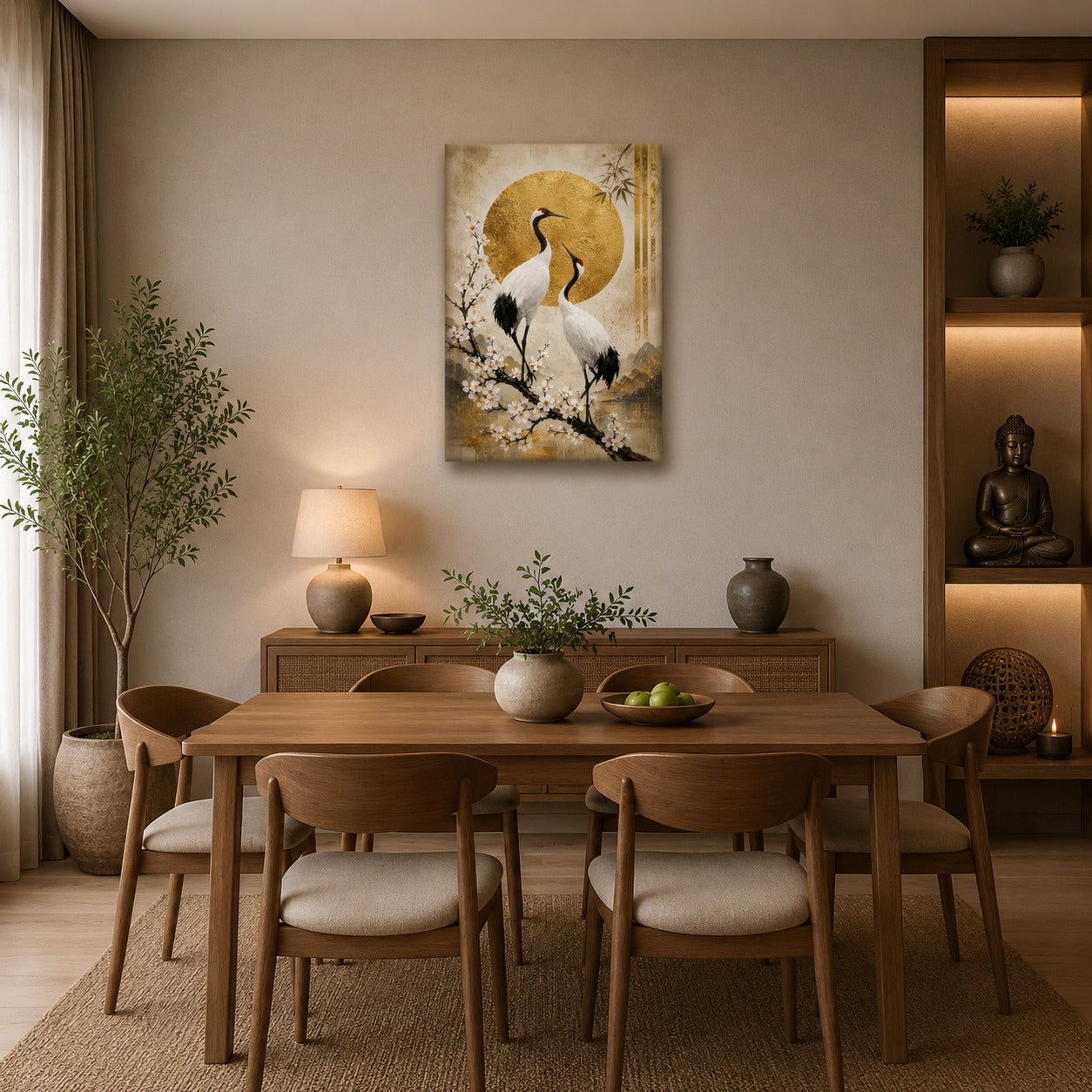 Japanese Crane Canvas Wall Painting | Gold Circle Nature Wall Art | Premium Canvas Print for Living Room, Bedroom & Office | Ready to Hang | Decor Daddy