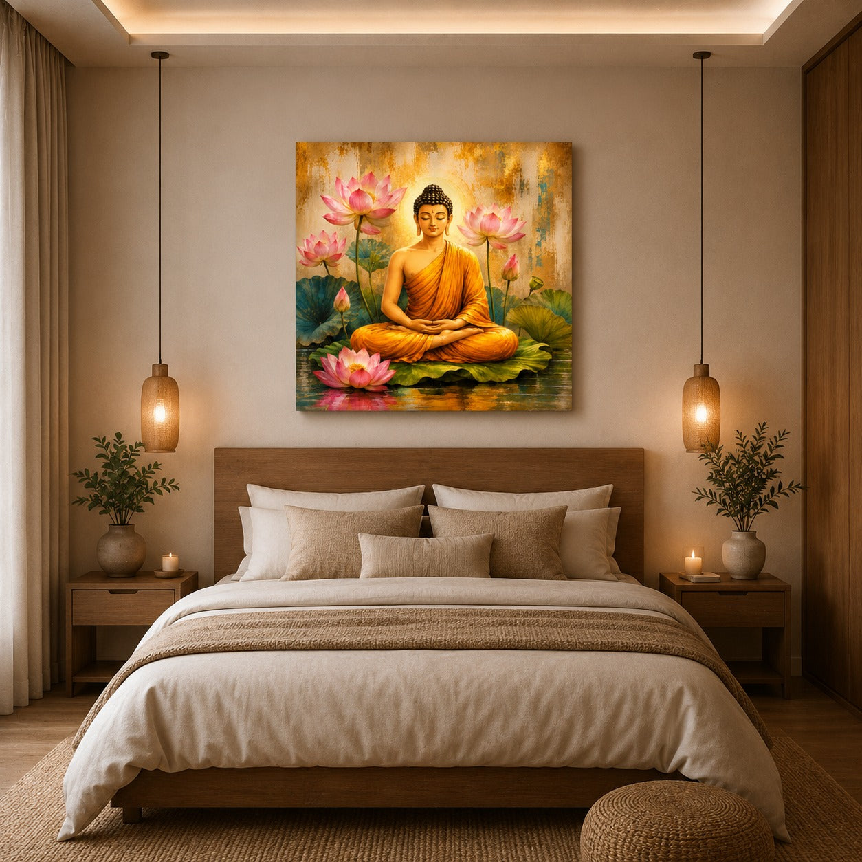Decor Daddy Meditating Buddha with Lotus Canvas Wall Painting for Living Room, Bedroom & Meditation Room
