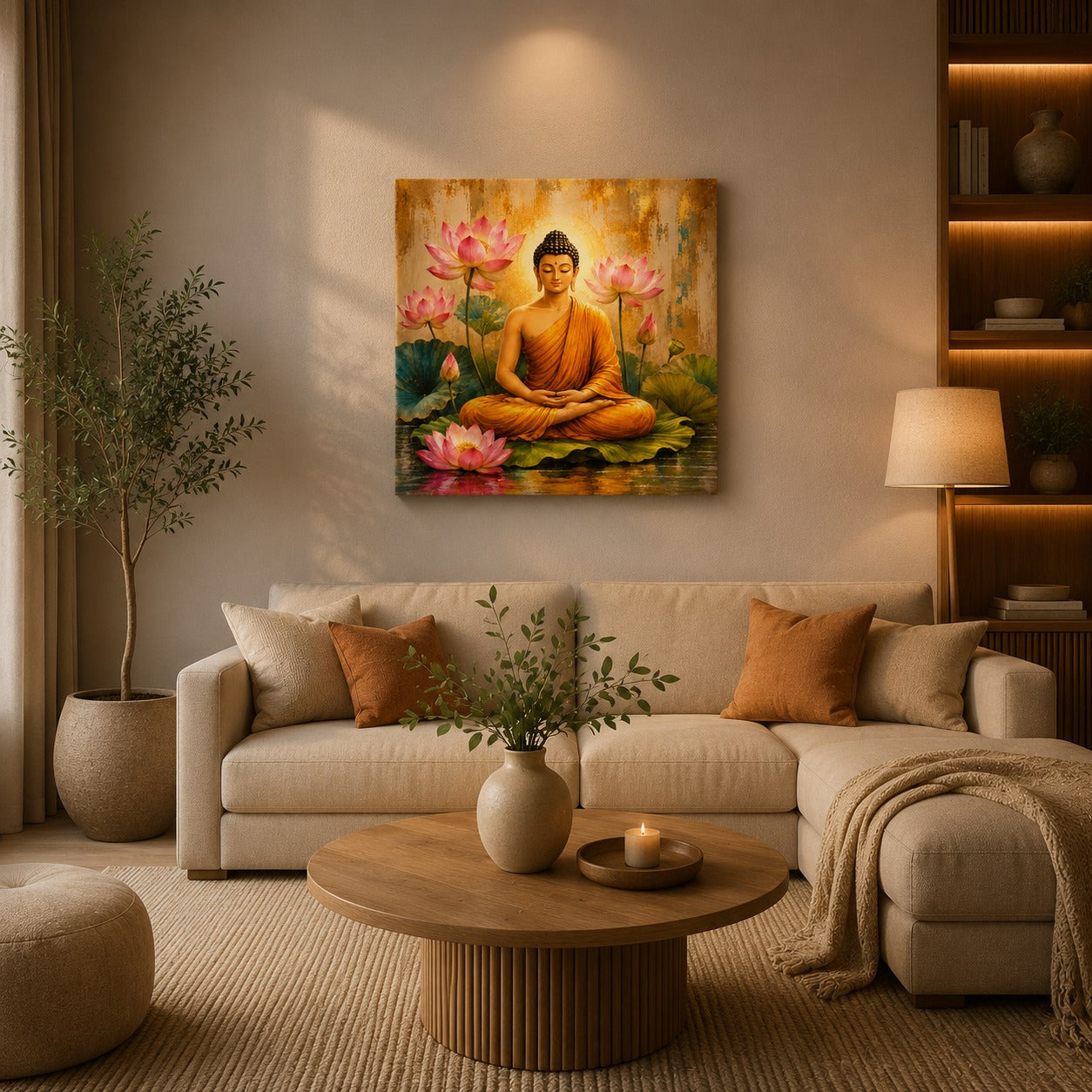 Decor Daddy Meditating Buddha with Lotus Canvas Wall Painting for Living Room, Bedroom & Meditation Room