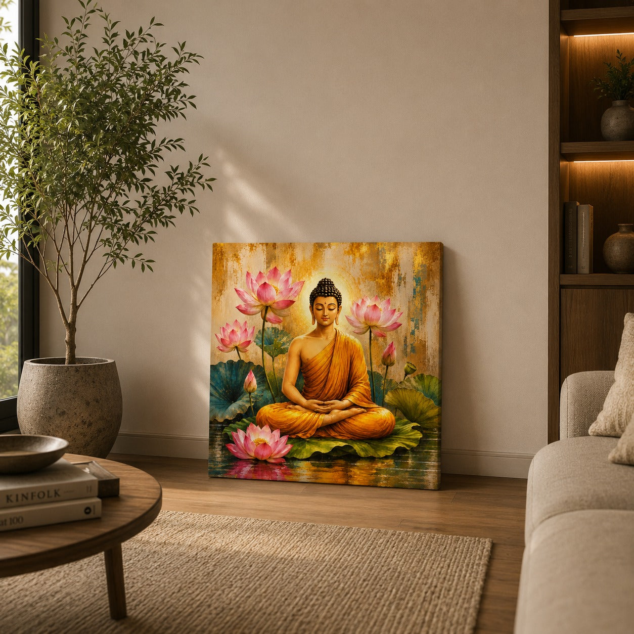 Decor Daddy Meditating Buddha with Lotus Canvas Wall Painting for Living Room, Bedroom & Meditation Room