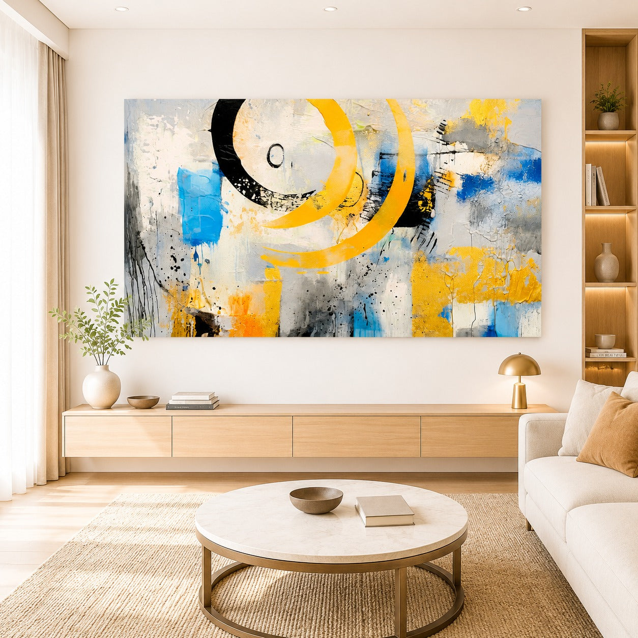Large Abstract Canvas Wall Painting – Modern Blue Gold Grey Wall Art for Luxury Living Room Decor