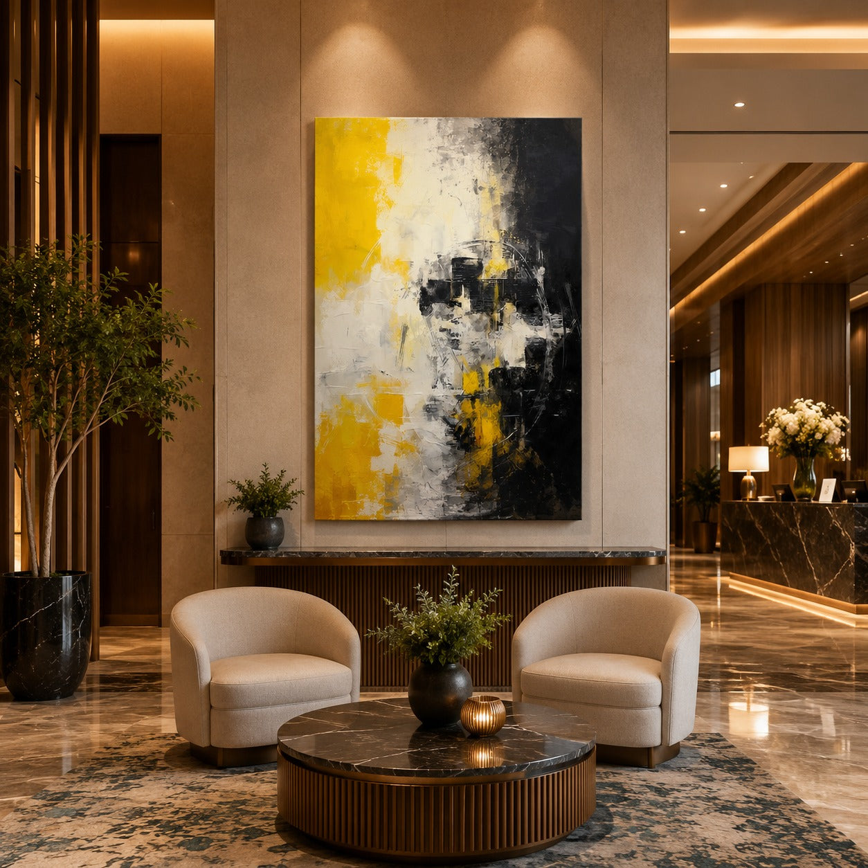 Modern Abstract Canvas Painting – Yellow Black White Wall Art for Living Room & Luxury Home Decor