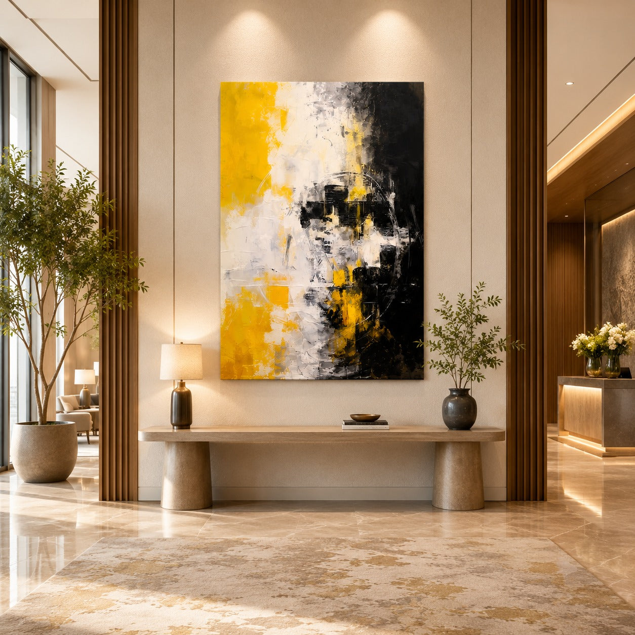 Modern Abstract Canvas Painting – Yellow Black White Wall Art for Living Room & Luxury Home Decor