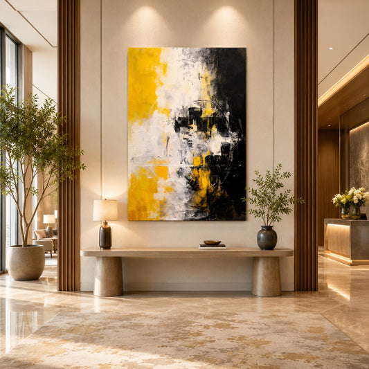 Modern Abstract Canvas Painting – Yellow Black White Wall Art for Living Room & Luxury Home Decor