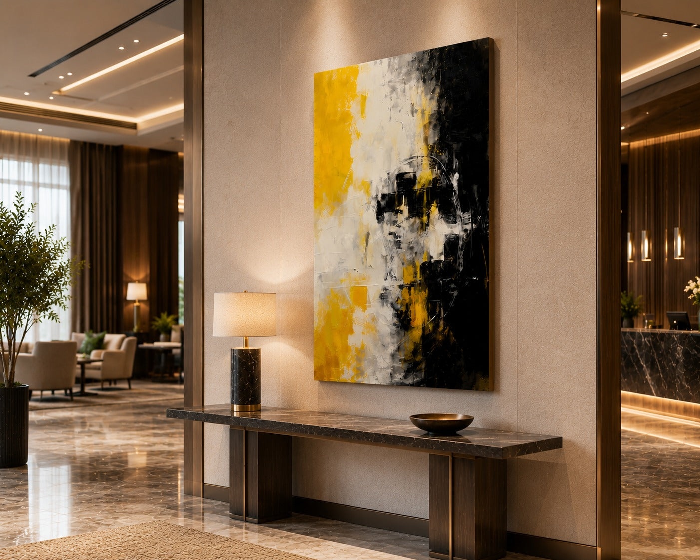 Modern Abstract Canvas Painting – Yellow Black White Wall Art for Living Room & Luxury Home Decor