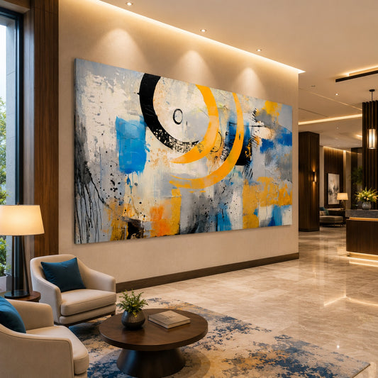 Large Abstract Canvas Wall Painting – Modern Blue Gold Grey Wall Art for Luxury Living Room Decor