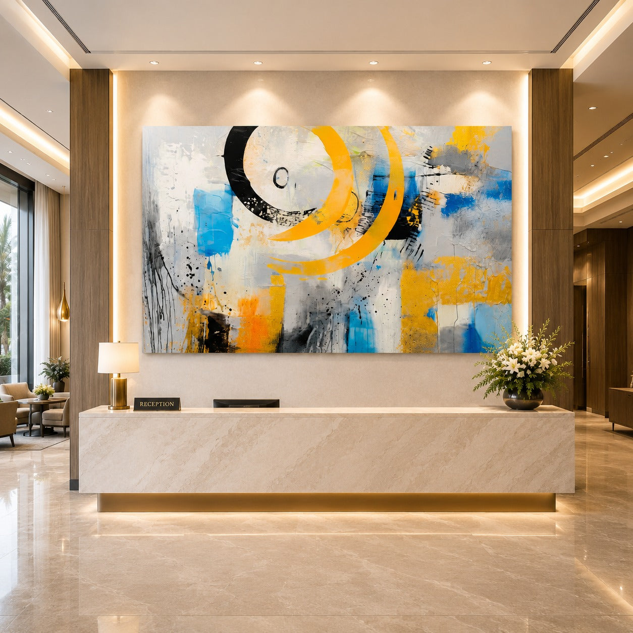 Large Abstract Canvas Wall Painting – Modern Blue Gold Grey Wall Art for Luxury Living Room Decor