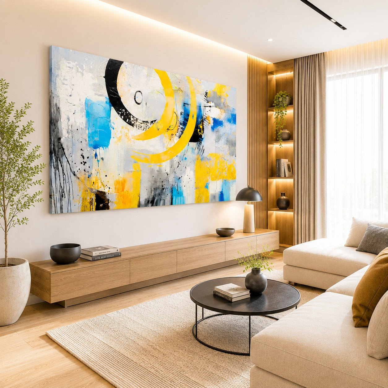 Large Abstract Canvas Wall Painting – Modern Blue Gold Grey Wall Art for Luxury Living Room Decor