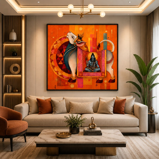 Shiv Nandi Canvas Painting – Modern Spiritual Wall Art | Lord Shiva & Nandi Sacred Artwork | Premium Framed Canvas for Living Room & Temple Decor