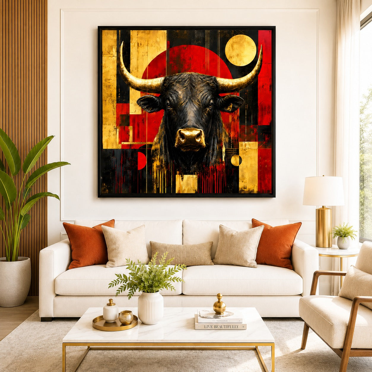Majestic Black Bull Canvas Painting | Modern Abstract Animal Wall Art | Luxury Gold & Red Canvas Print