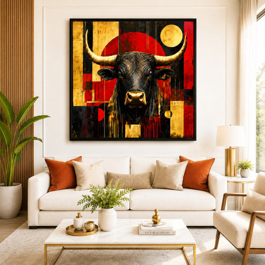 Majestic Black Bull Canvas Painting | Modern Abstract Animal Wall Art | Luxury Gold & Red Canvas Print