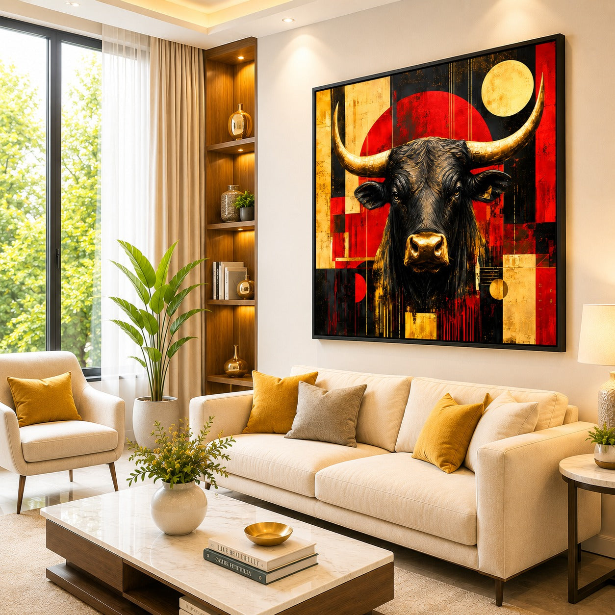 Majestic Black Bull Canvas Painting | Modern Abstract Animal Wall Art | Luxury Gold & Red Canvas Print