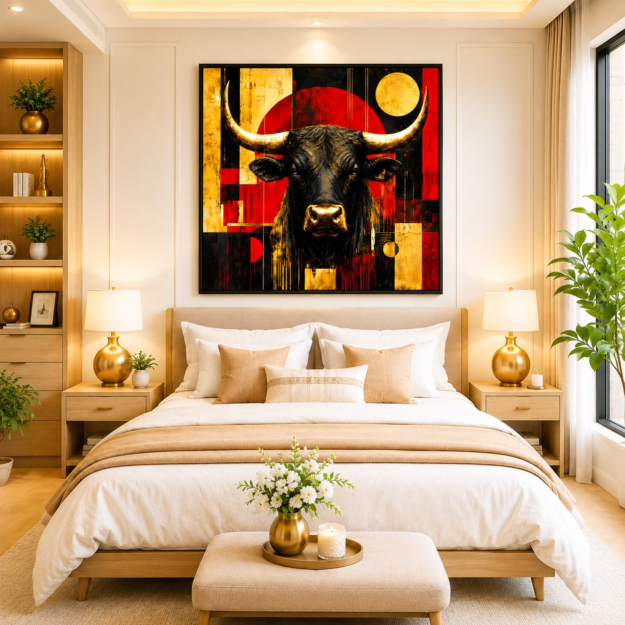 Majestic Black Bull Canvas Painting | Modern Abstract Animal Wall Art | Luxury Gold & Red Canvas Print