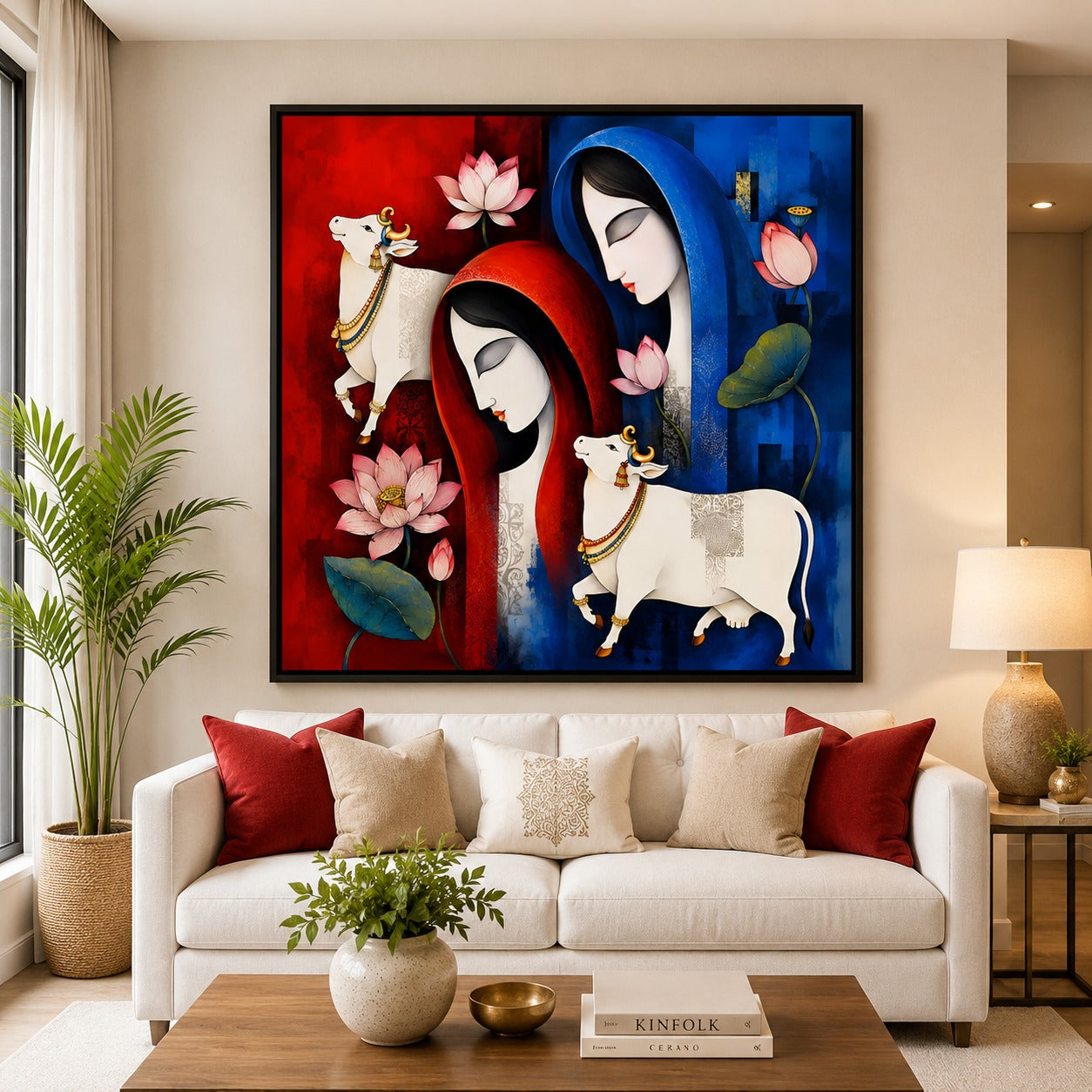 Radha Krishna Inspired Cow & Lotus Canvas Painting | Spiritual Modern Wall Art for Living Room | Premium Framed Canvas