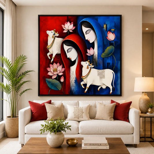 Radha Krishna Inspired Cow & Lotus Canvas Painting | Spiritual Modern Wall Art for Living Room | Premium Framed Canvas