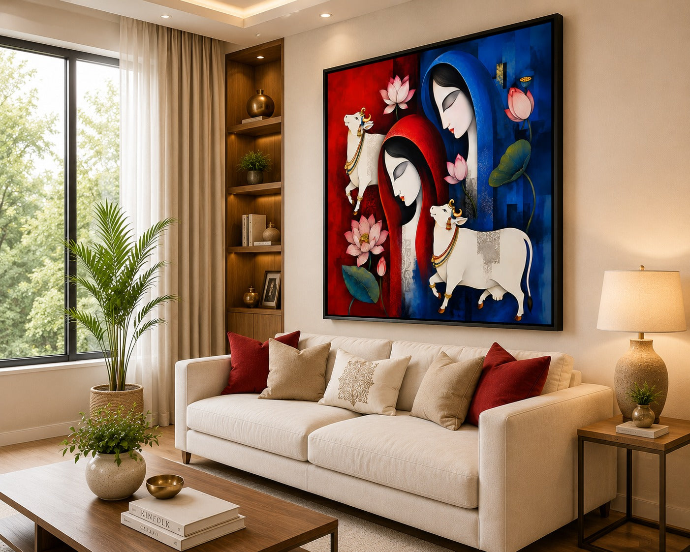 Radha Krishna Inspired Cow & Lotus Canvas Painting | Spiritual Modern Wall Art for Living Room | Premium Framed Canvas