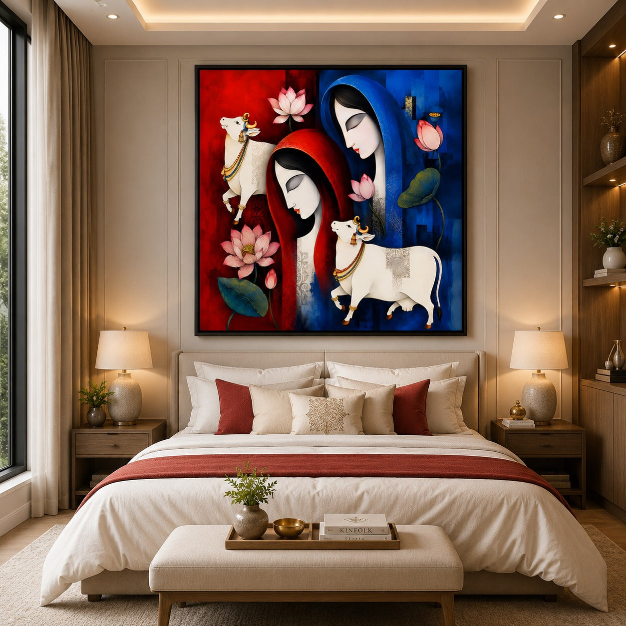 Radha Krishna Inspired Cow & Lotus Canvas Painting | Spiritual Modern Wall Art for Living Room | Premium Framed Canvas