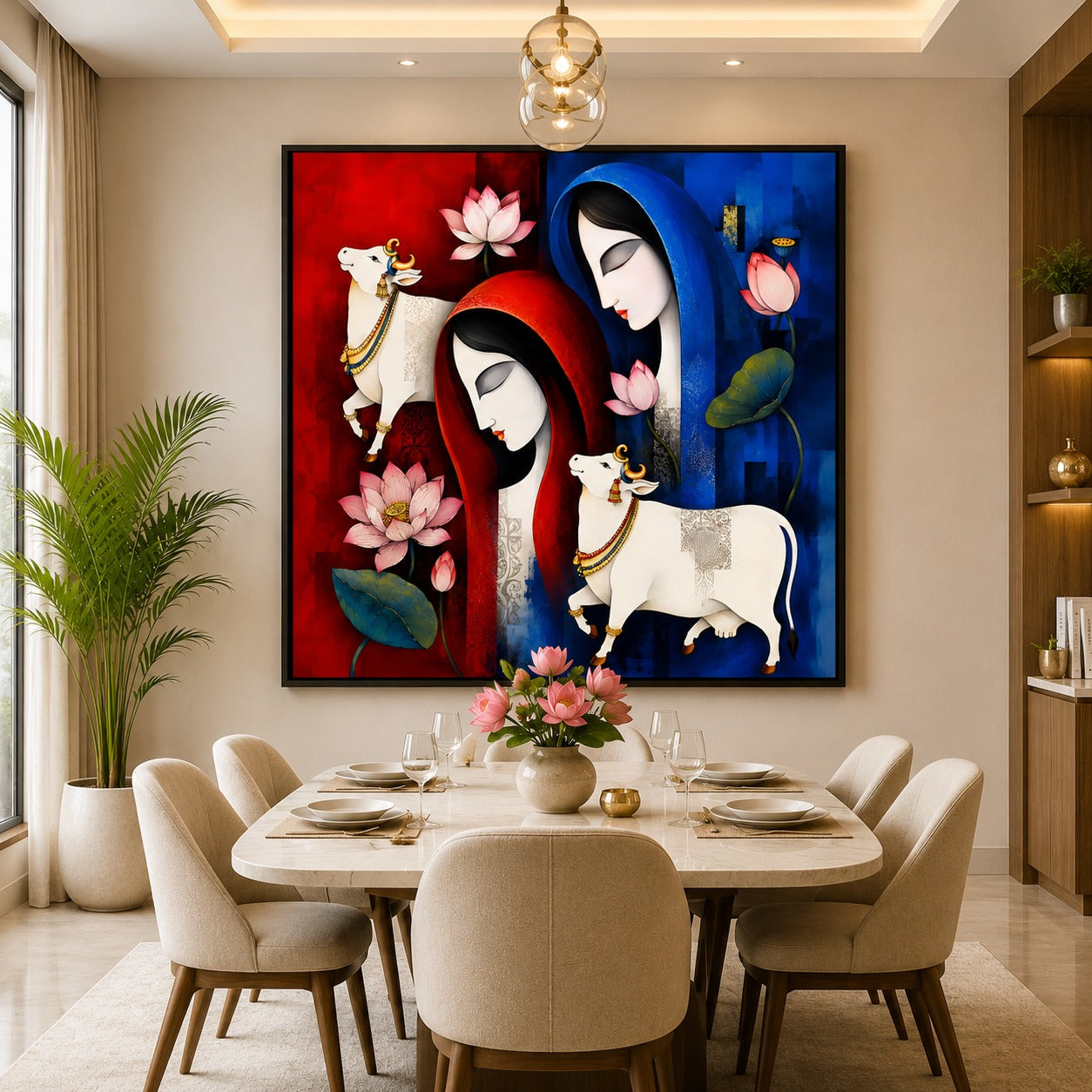 Radha Krishna Inspired Cow & Lotus Canvas Painting | Spiritual Modern Wall Art for Living Room | Premium Framed Canvas