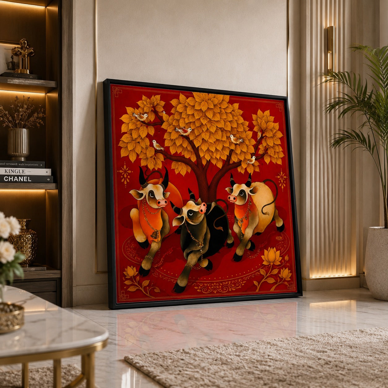 Enhance your home with this Sacred Kamdhenu Cow Family Canvas Painting. Premium red and gold Vastu wall art symbolizing prosperity, positivity, and abundance. Ready to hang.