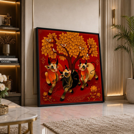 Enhance your home with this Sacred Kamdhenu Cow Family Canvas Painting. Premium red and gold Vastu wall art symbolizing prosperity, positivity, and abundance. Ready to hang.