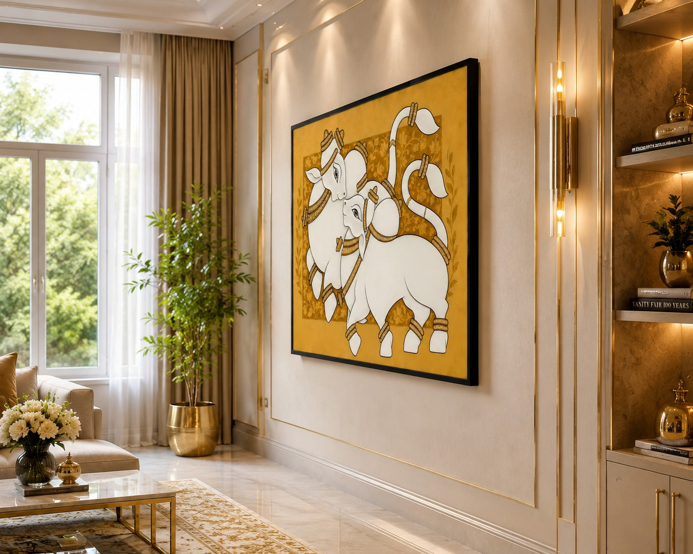 Add elegance and positivity to your home with this Traditional White Nandi Canvas Painting. Premium Indian folk art wall décor featuring a luxurious white and gold design, ready to hang.