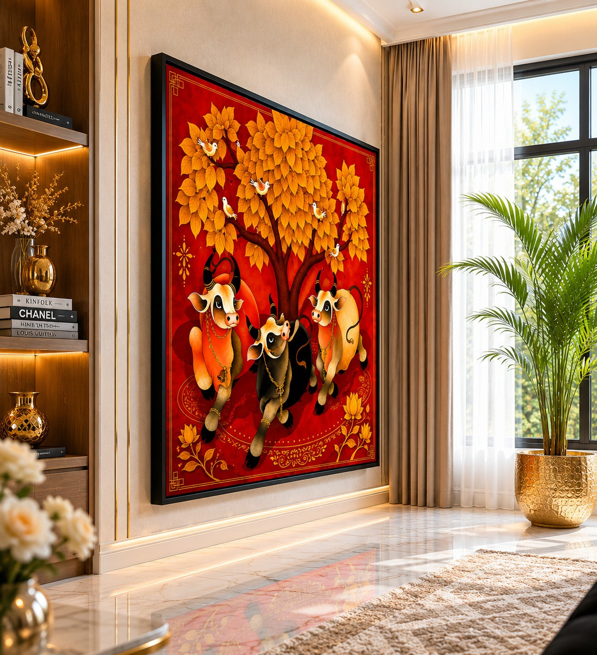 Enhance your home with this Sacred Kamdhenu Cow Family Canvas Painting. Premium red and gold Vastu wall art symbolizing prosperity, positivity, and abundance. Ready to hang.