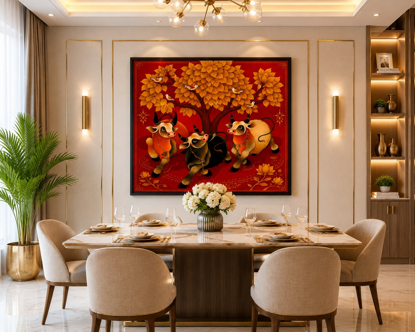 Enhance your home with this Sacred Kamdhenu Cow Family Canvas Painting. Premium red and gold Vastu wall art symbolizing prosperity, positivity, and abundance. Ready to hang.